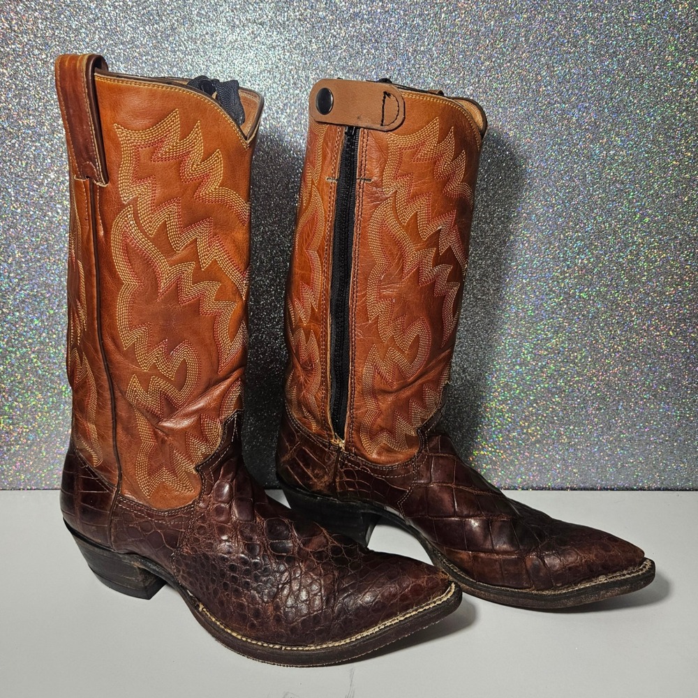 JUSTIN Vintage Exotic Caiman Crocodile Western Boots Brown Zippered Men 6.5 D W8